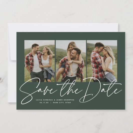 Modern trendy script drie foto-jager groen save the date (Voorkant)