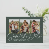 Modern trendy script drie foto-jager groen save the date (Staand voorkant)