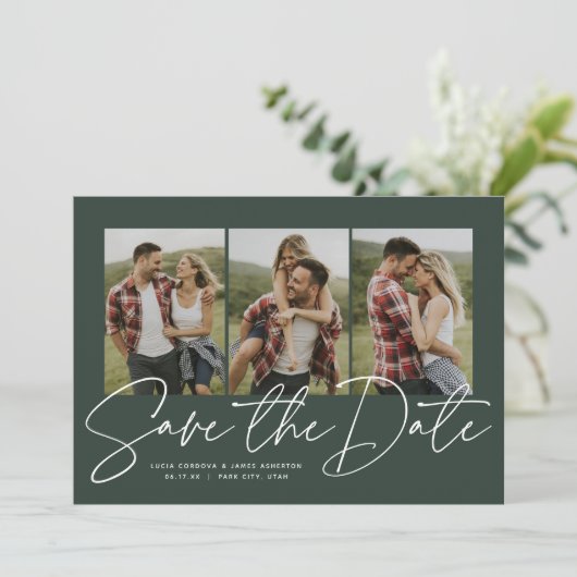 Modern trendy script drie foto-jager groen save the date (Staand voorkant)