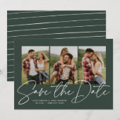 Modern trendy script drie foto-jager groen save the date (Voorkant / Achterkant)