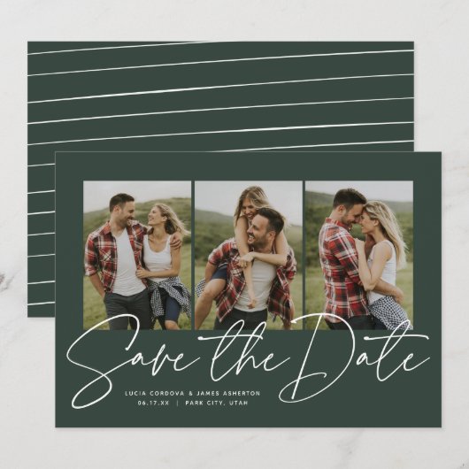 Modern trendy script drie foto-jager groen save the date (Voorkant / Achterkant)
