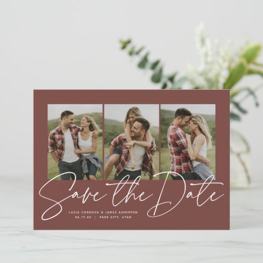 Modern trendy script drie fototerracotta save the date (Staand voorkant)