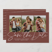 Modern trendy script drie fototerracotta save the date (Voorkant / Achterkant)