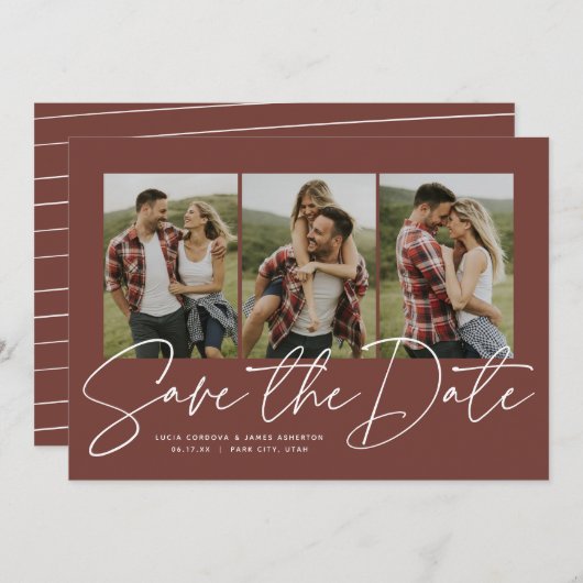 Modern trendy script drie fototerracotta save the date (Voorkant / Achterkant)