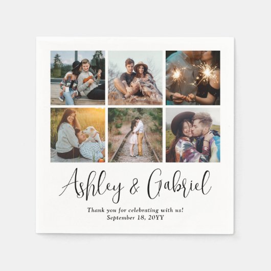 Modern trendy script en 6 fotocollage bruiloft servet (Voorkant)