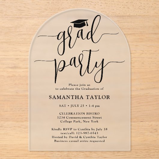 Modern Trendy Script Graduation Party Doorschijnen Acryl Uitnodigingen (Voorkant)