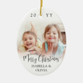 Modern Trendy Script Merry Christmas 2 Photos Oval Keramisch Ornament (Voorkant)