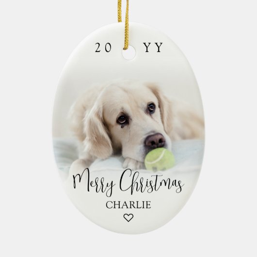 Modern Trendy Script Merry Christmas 2 Photos Oval Keramisch Ornament (Achterkant)
