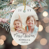 Modern Trendy Script Merry Christmas 2 Photos Oval Keramisch Ornament
