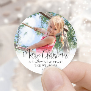 Modern Trendy Script Merry Christmas Simple Photo Ronde Sticker