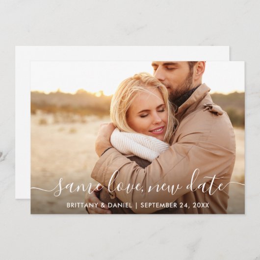 Modern Trendy Script Same Love Nieuwe Datum Fotoka Save The Date (Voorkant / Achterkant)