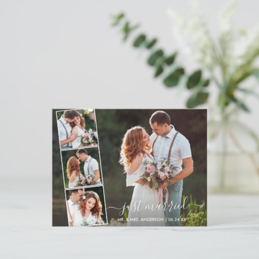 Modern Trendy Script trouwde gewoon 4 foto Briefkaart (Staand voorkant)