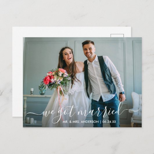 Modern Trendy Script We hebben foto's gehuwd Briefkaart (Voorkant / Achterkant)