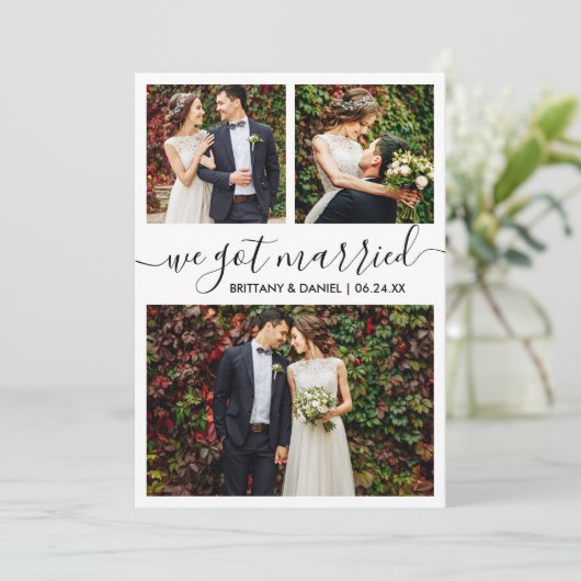 Modern Trendy Script We zijn getrouwd met 3 foto Aankondiging (Staand voorkant)