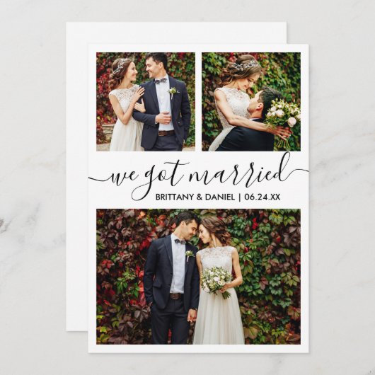 Modern Trendy Script We zijn getrouwd met 3 foto Aankondiging (Voorkant / Achterkant)