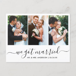 Modern Trendy Script We zijn getrouwd met 3 foto Briefkaart