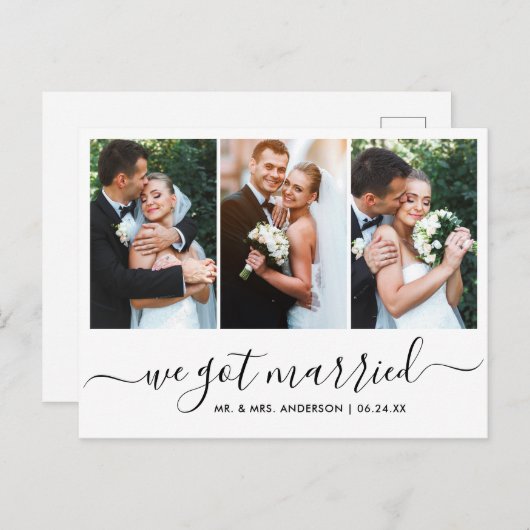Modern Trendy Script We zijn getrouwd met 3 foto Briefkaart (Voorkant / Achterkant)