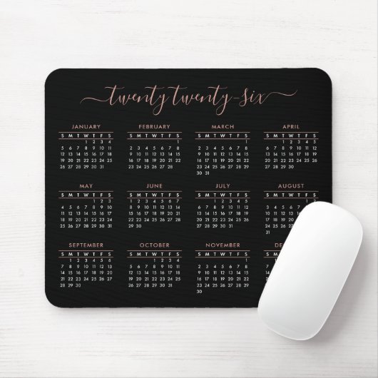 Modern Trendy Script Zwart Roos Goud 2026 Kalender Muismat (Met muis)