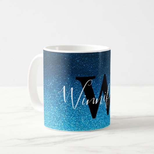 Modern Trendy Simple Monogram Black Glitter Ombre Koffiemok (Voorkant links)