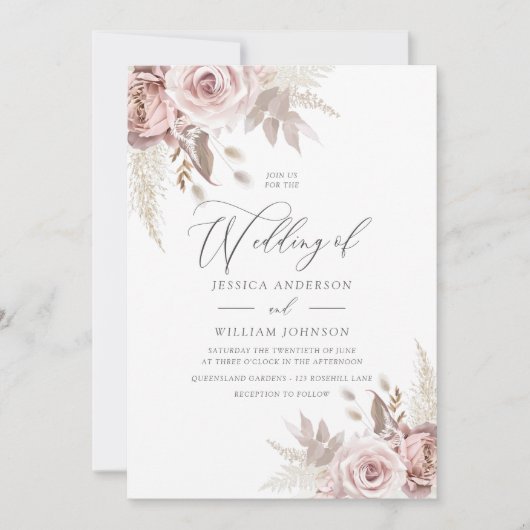 Modern Trendy Stoffig Roos Blush Bloemen Bruiloft Kaart (Voorkant)