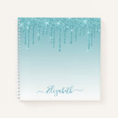Modern Trendy Stylish Script Aqua Glitter Notitieboek (Voorkant)