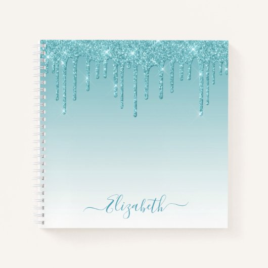 Modern Trendy Stylish Script Aqua Glitter Notitieboek (Voorkant)