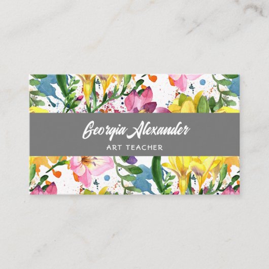 Modern Trendy Waterverf Floral Art Teacher Visitekaartje (Voorkant)