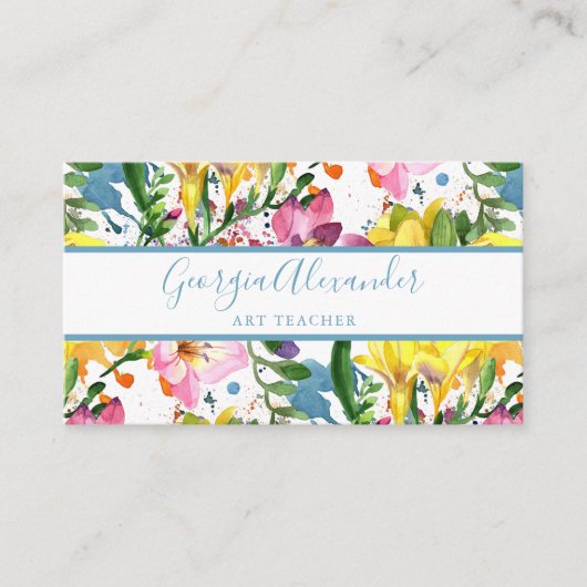 Modern Trendy Waterverf Floral Art Teacher Visitekaartje (Voorkant)