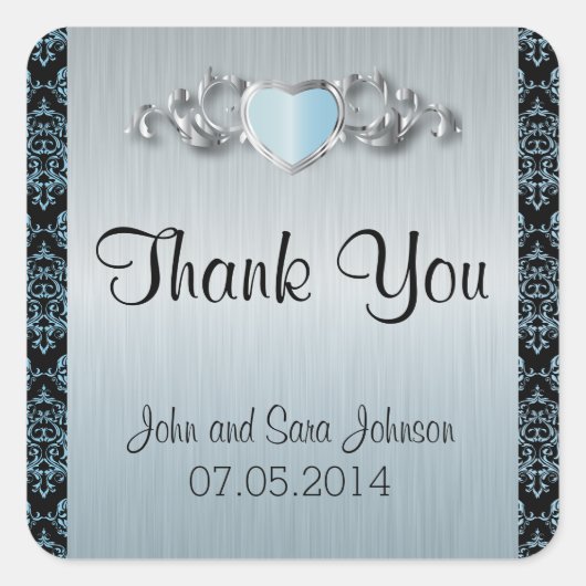 Modern Trendy Wedding in een Aqua Blue Damask Vierkante Sticker (Voorkant)