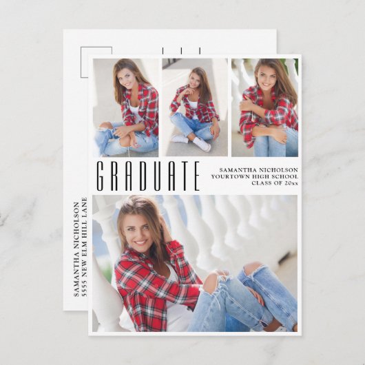 Modern Trendy White Afstuderen 4 Foto Collage Uitnodiging Briefkaart (Voorkant / Achterkant)