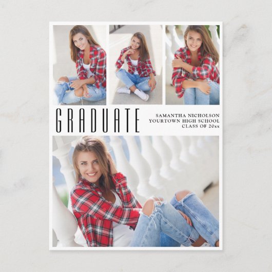 Modern Trendy White Afstuderen 4 Foto Collage Uitnodiging Briefkaart (Voorkant)