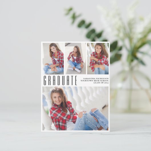 Modern Trendy White Afstuderen 4 Foto Collage Uitnodiging Briefkaart (Staand voorkant)