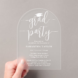 Modern Trendy White Script Afstudeerder Party Door Acryl Uitnodigingen