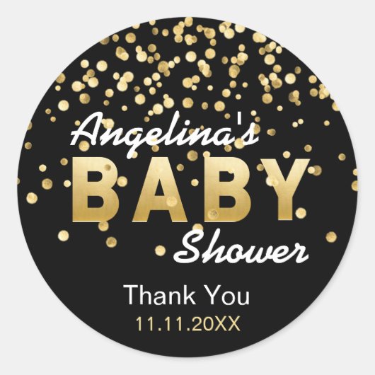 Modern Trendy Zwart Goud Confetti Baby shower Ronde Sticker (Voorkant)