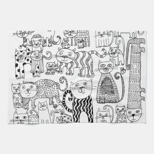 Modern trendy zwart-wit kattenpatroon theedoek (Horizontaal)