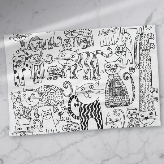 Modern trendy zwart-wit kattenpatroon theedoek