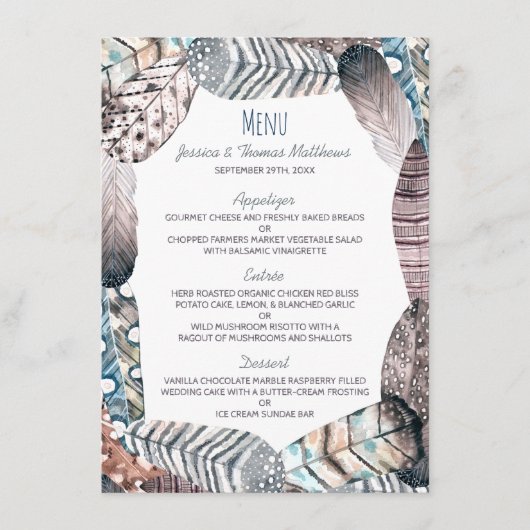 Modern Tribal Feathers Bohemian Wedding Menu (Voorkant)