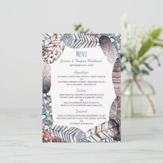 Modern Tribal Feathers Bohemian Wedding Menu (Staand voorkant)