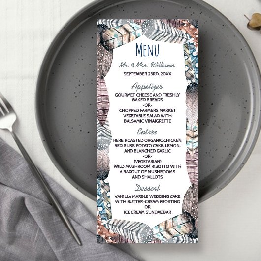 Modern Tribal Feathers Bohemian Wedding Menu