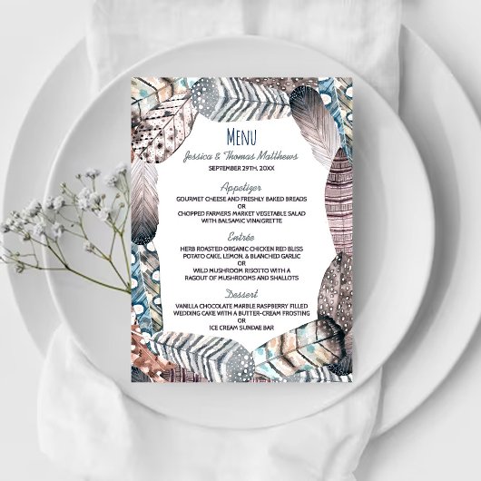 Modern Tribal Feathers Bohemian Wedding Menu