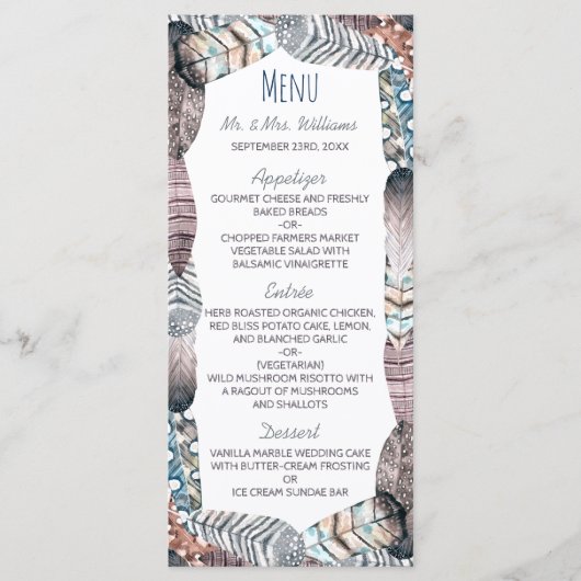 Modern Tribal Feathers Bohemian Wedding Menu (Voorkant)
