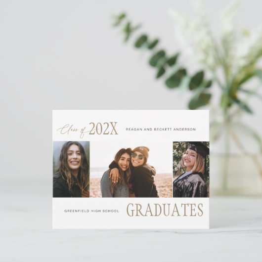 Modern Trio Multi-Photo Afstuderen Aankondiging Briefkaart (Staand voorkant)
