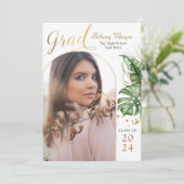 Modern Tropical Black Gold Arch Photo Afstuderen Aankondiging (Staand voorkant)