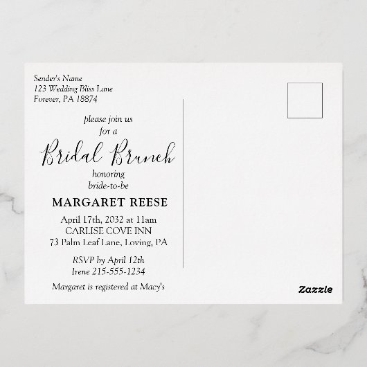 Modern Tropical Bridal Brunch Shower Black & Gold Folie Uitnodiging Briefkaart (Achterkant)