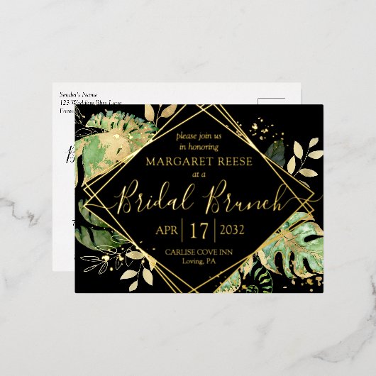 Modern Tropical Bridal Brunch Shower Black & Gold Folie Uitnodiging Briefkaart (Voorkant / Achterkant)