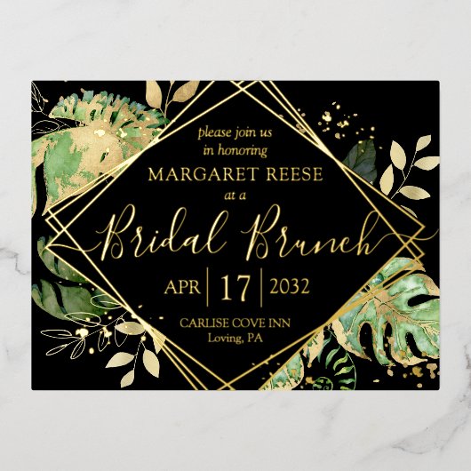 Modern Tropical Bridal Brunch Shower Black & Gold Folie Uitnodiging Briefkaart (Voorkant)
