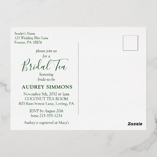 Modern Tropical Bridal Tea Shower Gold Folie Uitnodiging Briefkaart (Achterkant)