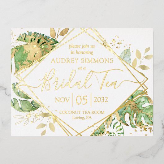 Modern Tropical Bridal Tea Shower Gold Folie Uitnodiging Briefkaart (Voorkant)