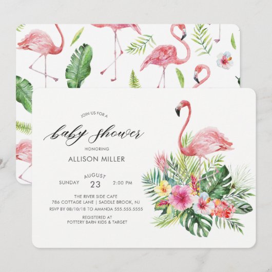 Modern Tropical Flamingo Baby shower Invitation Kaart (Voorkant / Achterkant)