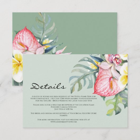 Modern Tropical Floral Hawaii Wedding Informatiekaartje (Voorkant / Achterkant)